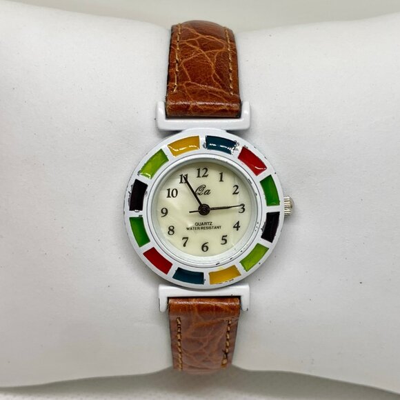 QA vintage women watch 25mm white toned multicolored bezel up to 7” running - Picture 1 of 8